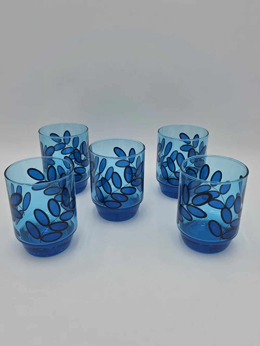 Vintage Mid‑Century J. Wm. Hale Cobalt Blue Leaf Print Lowball Glasses – Set of